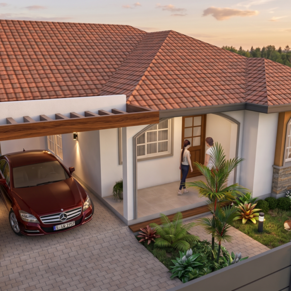 Render aéreo fachada principal 2, diseño casa campestre las palmas