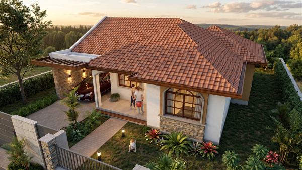 Render aéreo fachada principal 1, diseño casa campestre las palmas