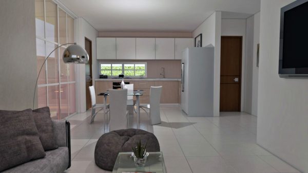 Render interior sala - comedor, diseño casa campestre las palmas