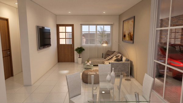 Render interior sala - comedor, diseño casa campestre las palmas