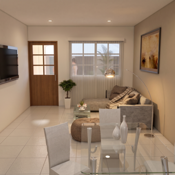 Render interior sala - comedor, diseño casa campestre las palmas