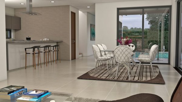 Render interior sala, comedor y cocina, Diseño casa campestre la primavera