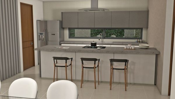 Render interior comedor y cocina, Diseño casa campestre la primavera