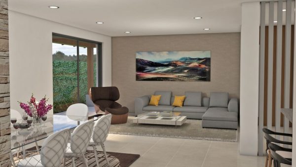 Render interior comedor y sala, Diseño casa campestre la primavera