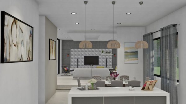 Render interior cocina, comedor y sala, Diseño casa campestre valles de sevilla