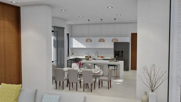 Render interior sala, comedor y cocina, Diseño casa campestre valles de sevilla