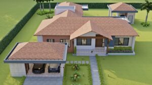 Render vista aérea fachada principal, Diseño casa campestre valles de sevilla