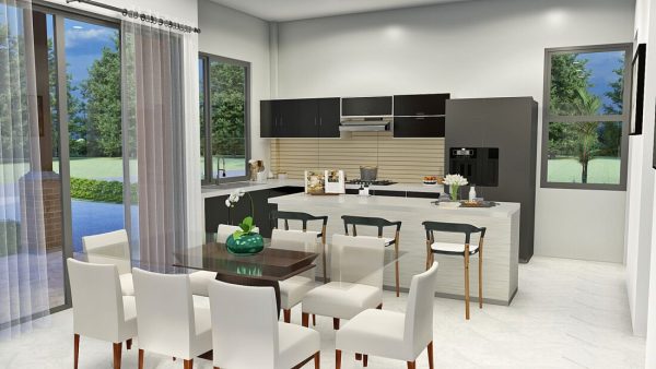 Render interior comedor y cocina 2, diseño casa campestre el trébol