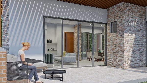 Render exterior terraza, diseño casa campestre el trébol