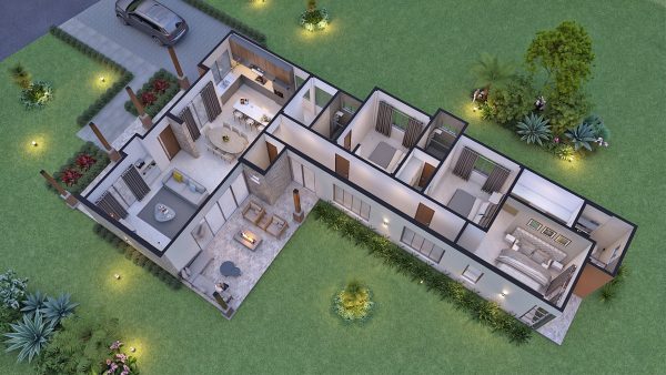 Render interior perspectiva aérea, diseño casa campestre el trébol