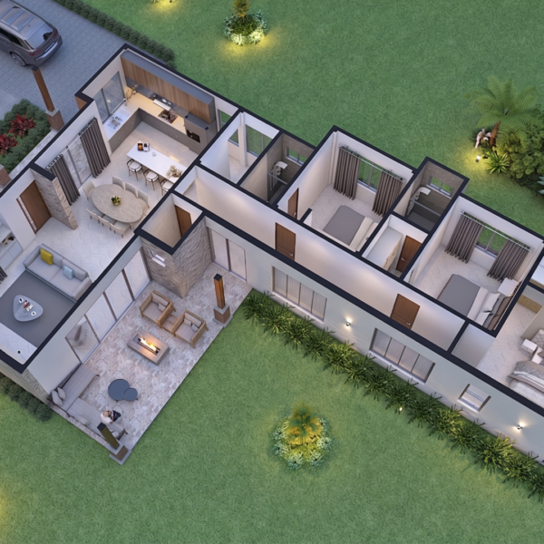 Render interior perspectiva aérea, diseño casa campestre el trébol