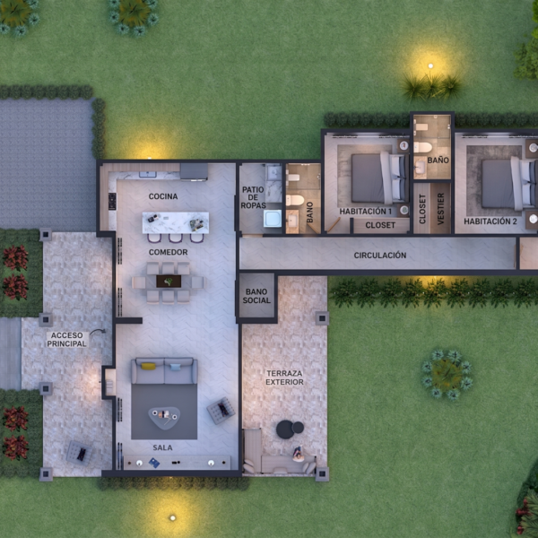Render interior planta arquitectónica, diseño casa campestre el trébol