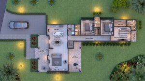 Render interior planta arquitectónica, diseño casa campestre el trébol