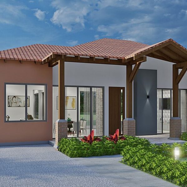 Render fachada principal 1, diseño casa campestre el trébol