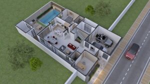 Render perspectiva aérea primer piso, diseño casa moderna llano grande