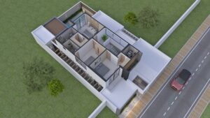 Render perspectiva aérea segundo piso, diseño casa moderna llano grande