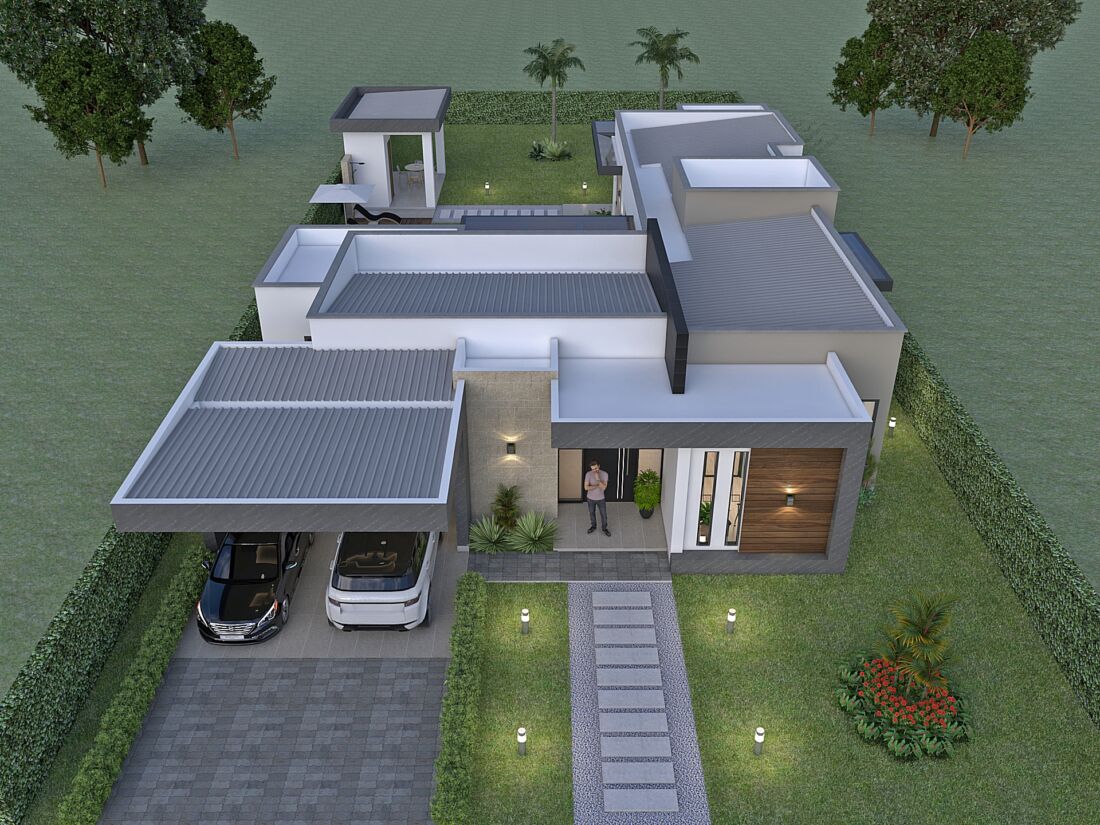 Planos diseño casa campestre Pasieli de 258 M2, diseño en L, un piso