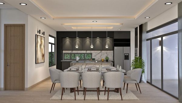 Render comedor - cocina, Diseño casa campestre Pasieli