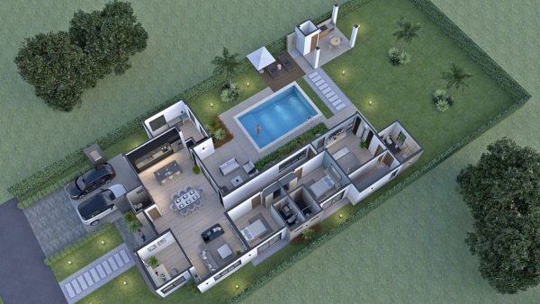 Render aéreo planta arquitectónica, Diseño casa campestre Pasieli