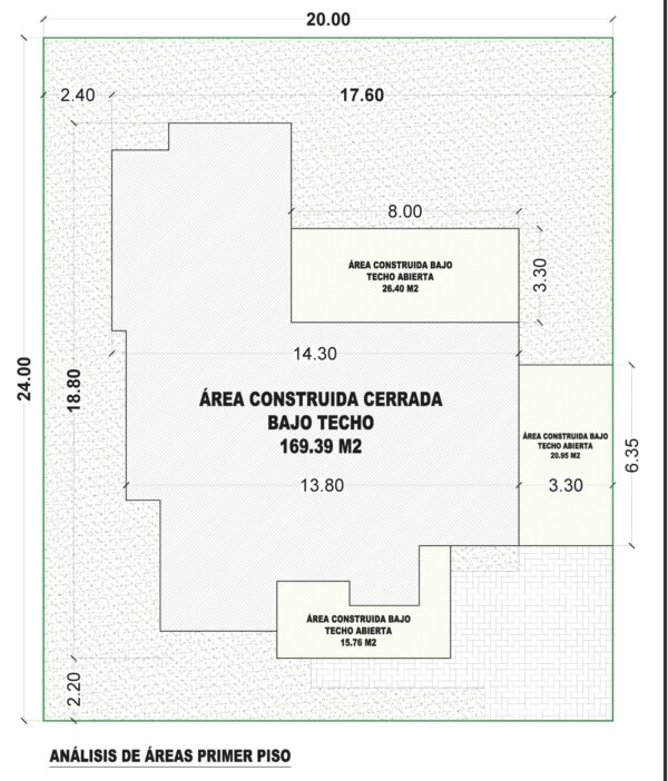 Análisis de área, primer piso, Diseño casa moderna la aurora