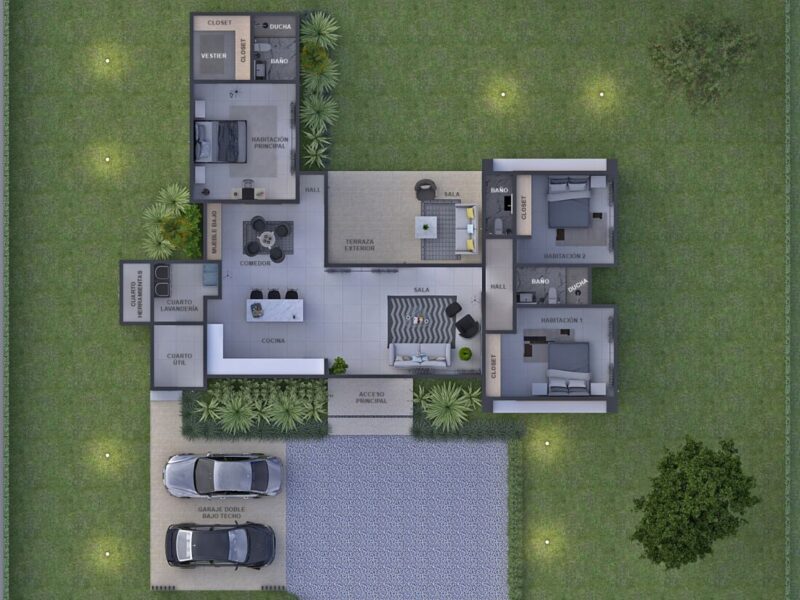 Planos de casas, 3 hab, diseño casa moderna El Nogal, un piso, 228 M2...