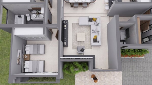Render planta primer piso sala, Diseño casa moderna la aurora