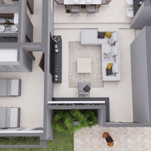 Render planta primer piso sala, Diseño casa moderna la aurora