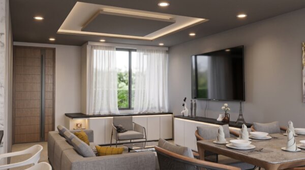 Render interior sala, Diseño casa moderna la aurora