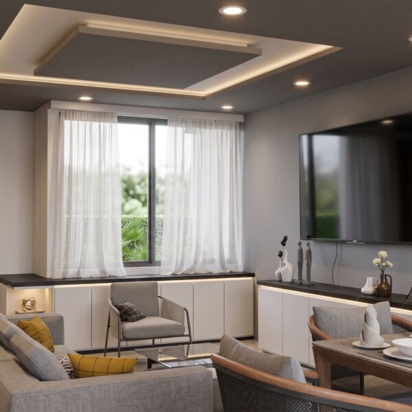 Render interior sala, Diseño casa moderna la aurora
