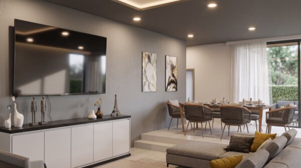 Render interior sala y comedor, Diseño casa moderna la aurora