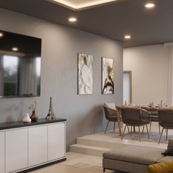 Render interior sala y comedor, Diseño casa moderna la aurora