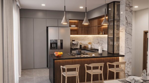 Render interior cocina, Diseño casa moderna la aurora