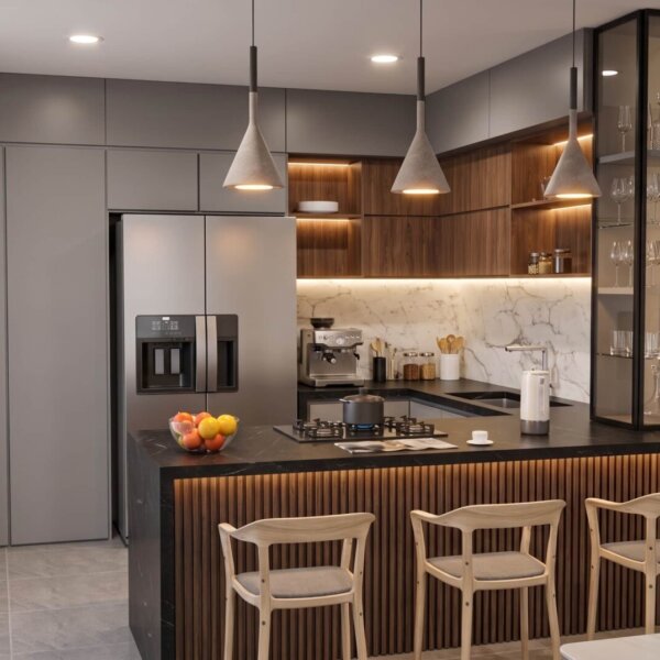 Render interior cocina, Diseño casa moderna la aurora