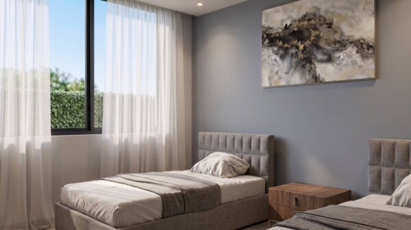 Render interior habitación, Diseño casa moderna la aurora