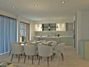 Render comedor-cocina, espacios interiores, Diseño casa campestre Bella Terra