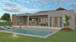 Render piscina, zona social 1, Diseño casa campestre Bella Terra