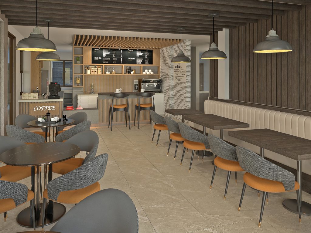 Render cafetería 2, Hotel Boutique, Cafetería y Restaurante en 3 niveles