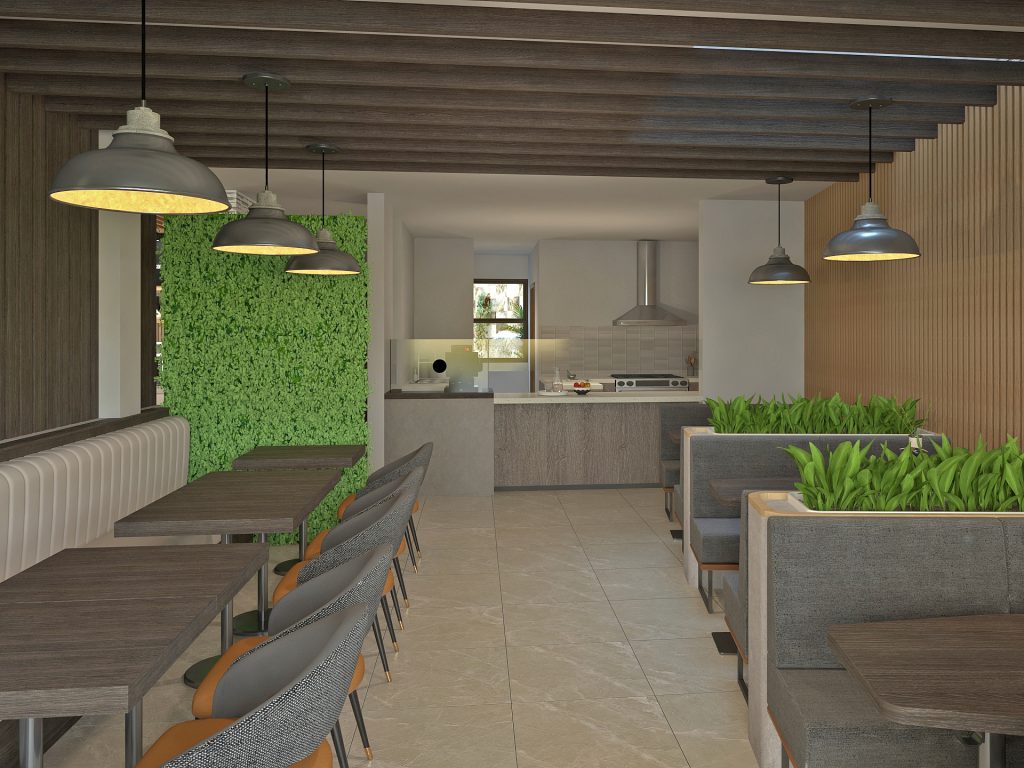 Render restaurante 2, Hotel Boutique, Cafetería y Restaurante en 3 niveles