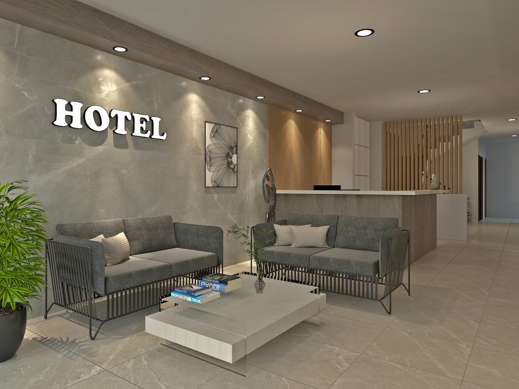 Render sala de espera, Hotel Boutique, Cafetería y Restaurante en 3 niveles