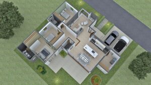 Render interior, perspectiva aérea 1_ Diseño casa moderna Acuarela