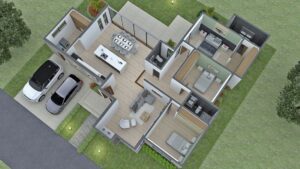 Render interior, perspectiva aérea 2_ Diseño casa moderna Acuarela