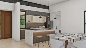 Render interior, cocina y comedor 1_ Diseño casa moderna Acuarela