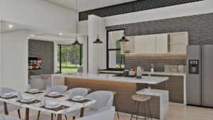Render interior, cocina y comedor 2_ Diseño casa moderna Acuarela