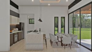 Render interior, cocina y comedor 3_ Diseño casa moderna Acuarela
