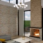 Render interior, sala y chimenea_ Diseño casa campestre Las Dalias