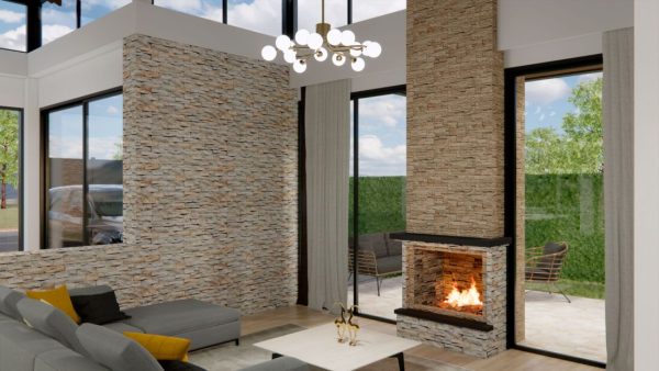 Render interior, sala y chimenea_ Diseño casa campestre Las Dalias