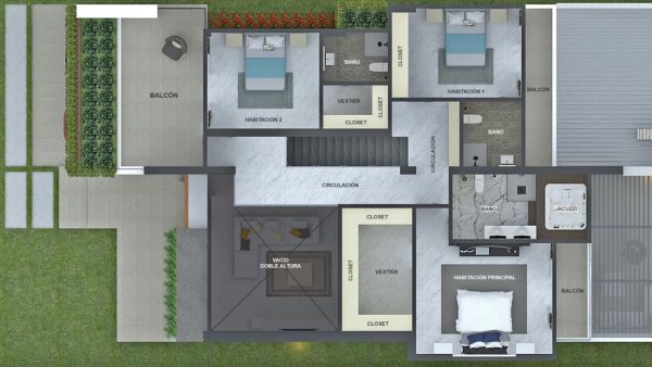 Render aéreo distribución interior segundo piso 2_ Casa Moderna Costa Azul