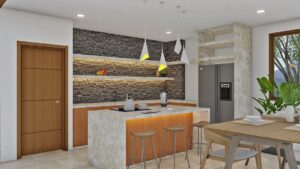 Render interior cocina y comedor 2_ Diseño casa campestre La Ladera