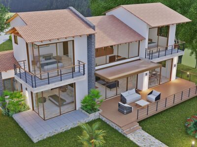 Render fachada posterior aérea 1_ Diseño casa campestre La Ladera