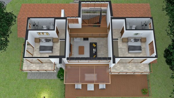 Render aéreo distribución interior, segundo piso 1_ Diseño casa campestre La Ladera